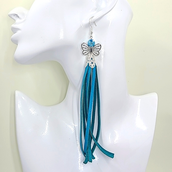 Hand Crafted Jewelry - Handmade leather fringe butterfly agate earrings